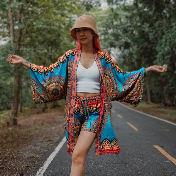 Womens Kimono - Boho Mandala Print, Plus size Oversized Flowy Rayon Short Kimono with Matching Belt, Bohemian Kimono Cardigan, Gift under 25