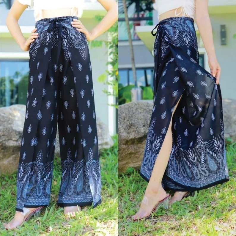 Women's Wrap Pants, Hippie Pants Floral Print, Petite to Plus Sizes Flowy Pants, Open Leg Trousers, Yoga Pants, Boho Beach Pants Black