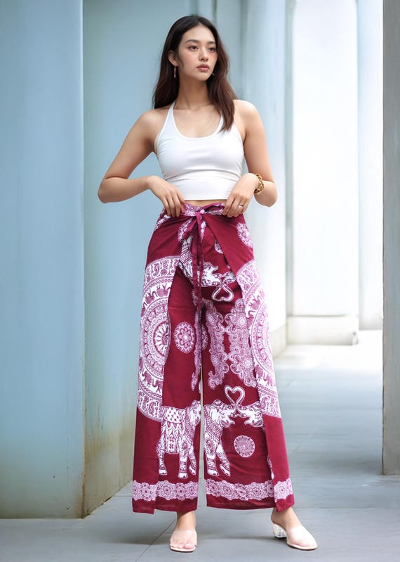 Mandala Elephant Rayon Wrap Pants – Lightweight Boho Beachwear | 4