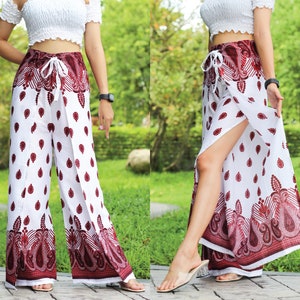 Women's Wrap Pants, Hippie Pants Floral Print, Petite to Plus Sizes Flowy Pants, Open Leg Trousers, Yoga Pants, Boho Beach Pants White Red