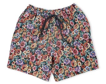 Floral Print Men's Boho Shorts: Textured Woven Fabric, Elastic Waist