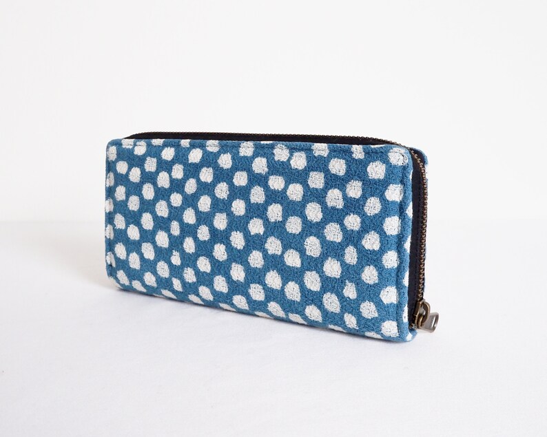 Polka dots Print Wallet for Women, Natural indigo Hand dyed Women Zippered Wallet Purse, Eco friendly Long wallet Cotton, YKK Metal Zip image 1