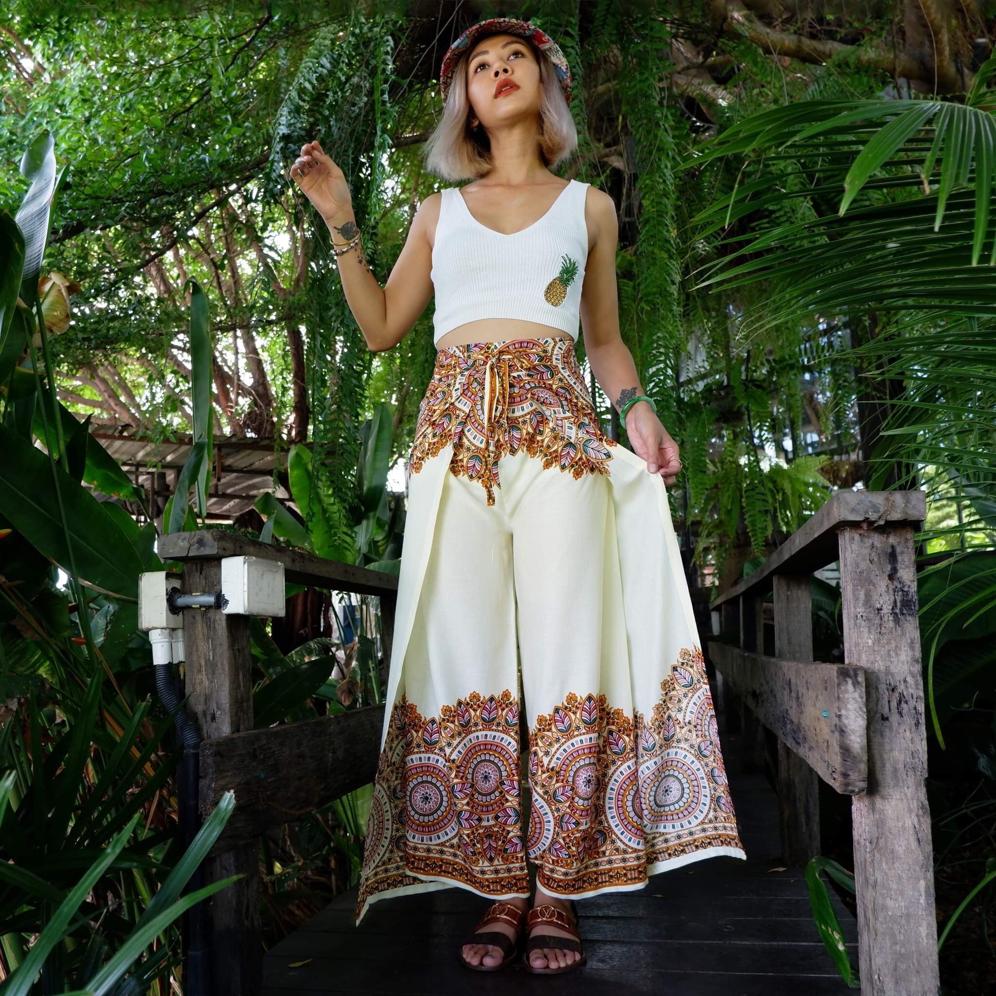 Mandala Print Boho Wrap Pants: Rayon Cotton Open Leg