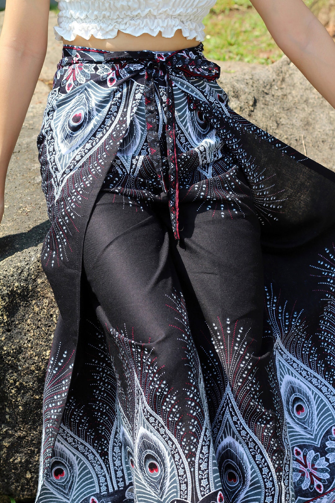 Women's Wrap Around Pants Boho Pants Peacock Feather Etsy