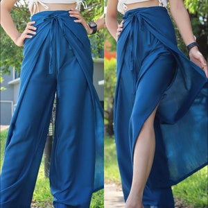 Solid Color Wrap Pants, Lightweight and Flowy Wrap Around Pants, Soft Fabric Palazzo Pants, Women's Boho Pants front and back ties Blue