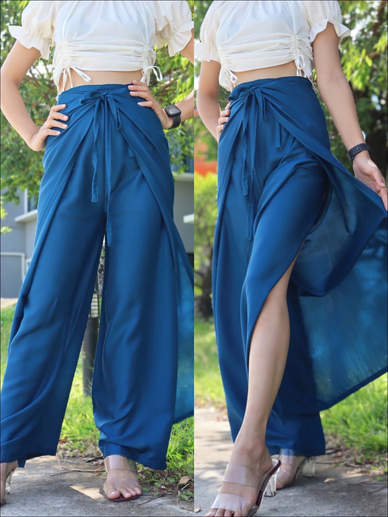 Solid Color Wrap Pants, Lightweight and Flowy Wrap Around Pants, Soft Fabric Palazzo Pants, Women's Boho Pants front and back ties Blue