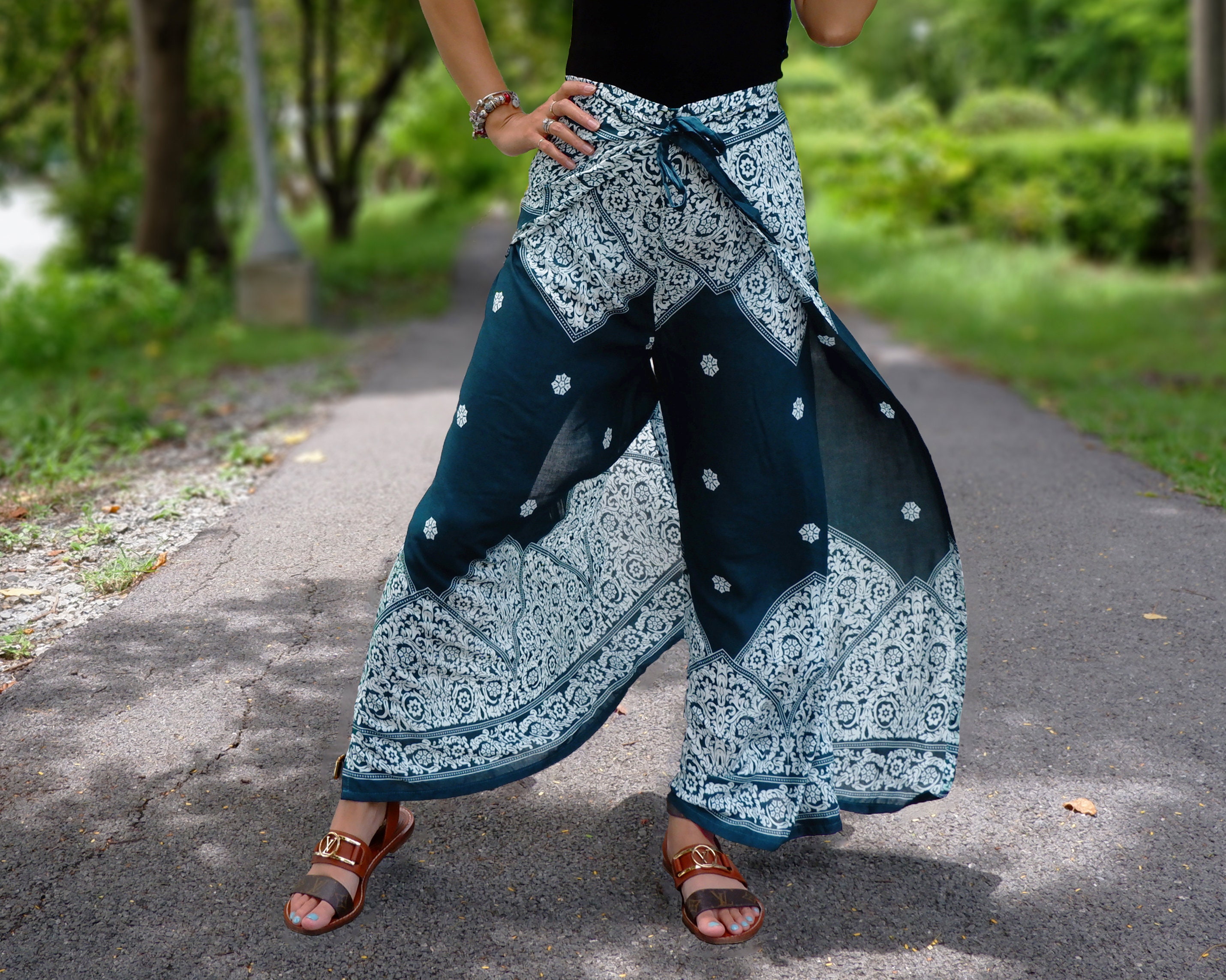 Pantaloni Donna A Zampa Di Elefante - Stampa Fiori, Vita Alta, Tessuto Elastico, Moda Boho Chic - Foto 2