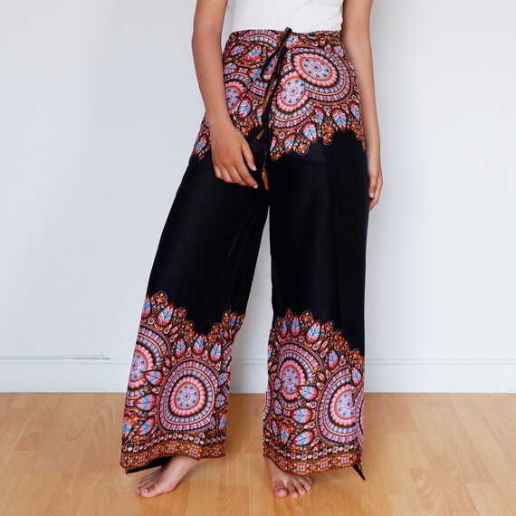 Mandala Print Boho Wrap Pants: Rayon Cotton Open Leg