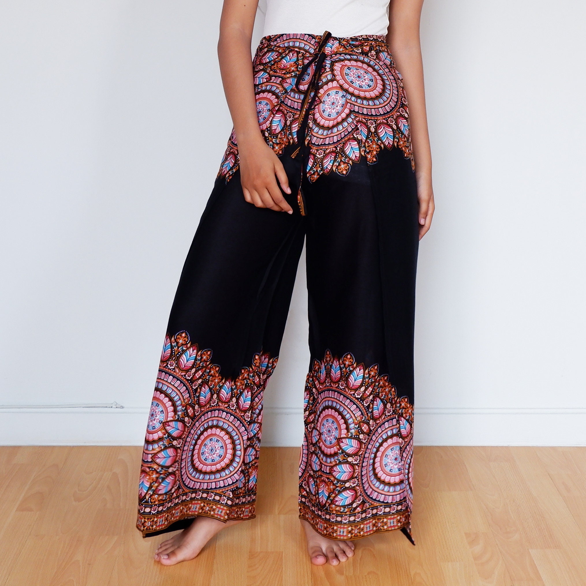 Mandala Print Boho Wrap Pants: Rayon Cotton Open Leg