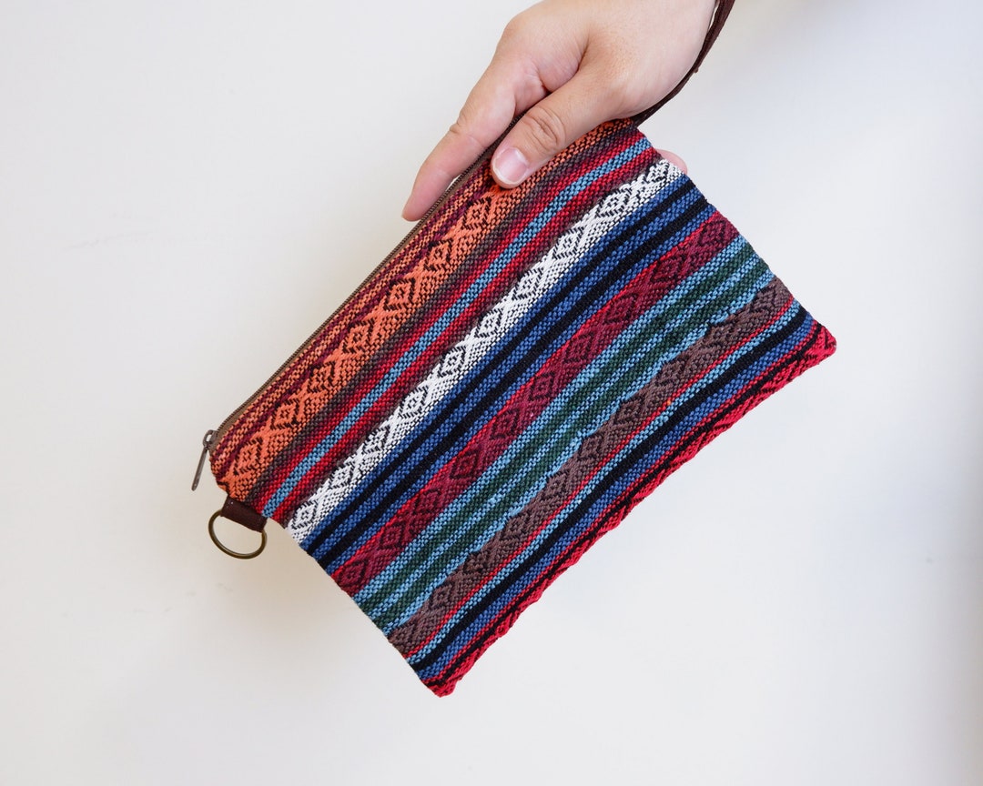 Pochette En Laine MZ Fairtrade - Motif Aztèque - 100% Laine - Sac Boho Avec Bracelet Cuir