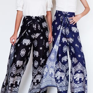 Pantalones cruzados con estampado de elefante bohemio hechos a mano para mujer: perfectos para la playa, festivales o ropa informal, fabricados con materiales sostenibles