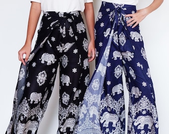 May include: Two pairs of wide-leg pants with an elephant print. One pair is black with white elephants and the other is navy blue with white elephants.