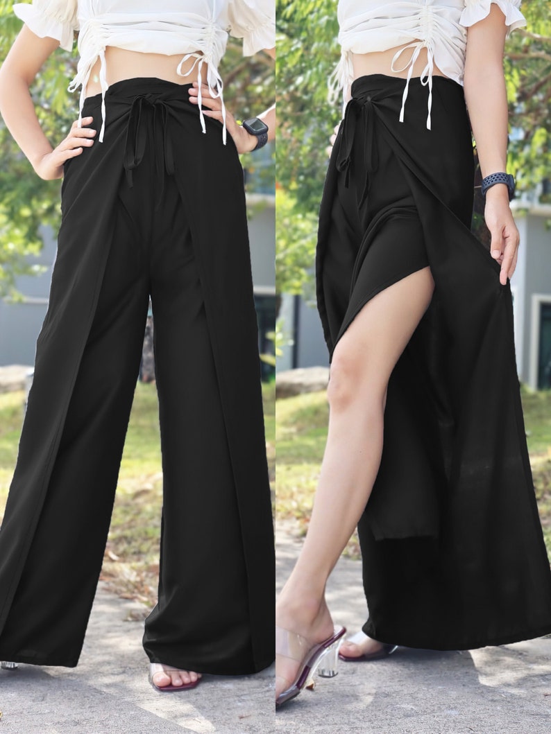 Solid Color Wrap Pants, Lightweight and Flowy Wrap Around Pants, Soft Fabric Palazzo Pants, Women's Boho Pants front and back ties Black