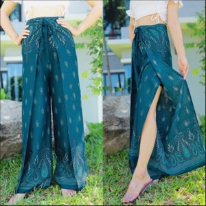 Women's Wrap Pants, Hippie Pants Floral Print, Petite to Plus Sizes Flowy Pants, Open Leg Trousers, Yoga Pants, Boho Beach Pants Midnight Green