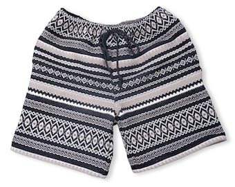 Men’s Structured Woven Tribal Shorts – Monochrome Black & Beige | 5” or 8” Inseam | S–2XL