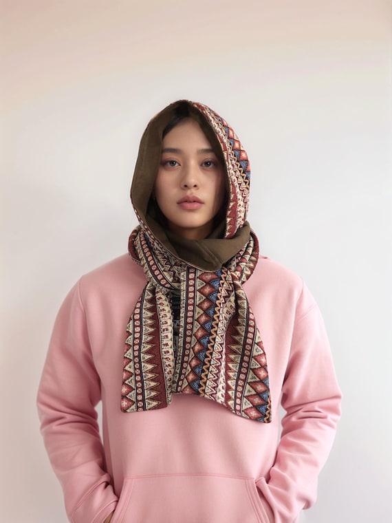 Unisex Boho Hooded Scarf – Brown Tribal Geometric Woven  display picture 1