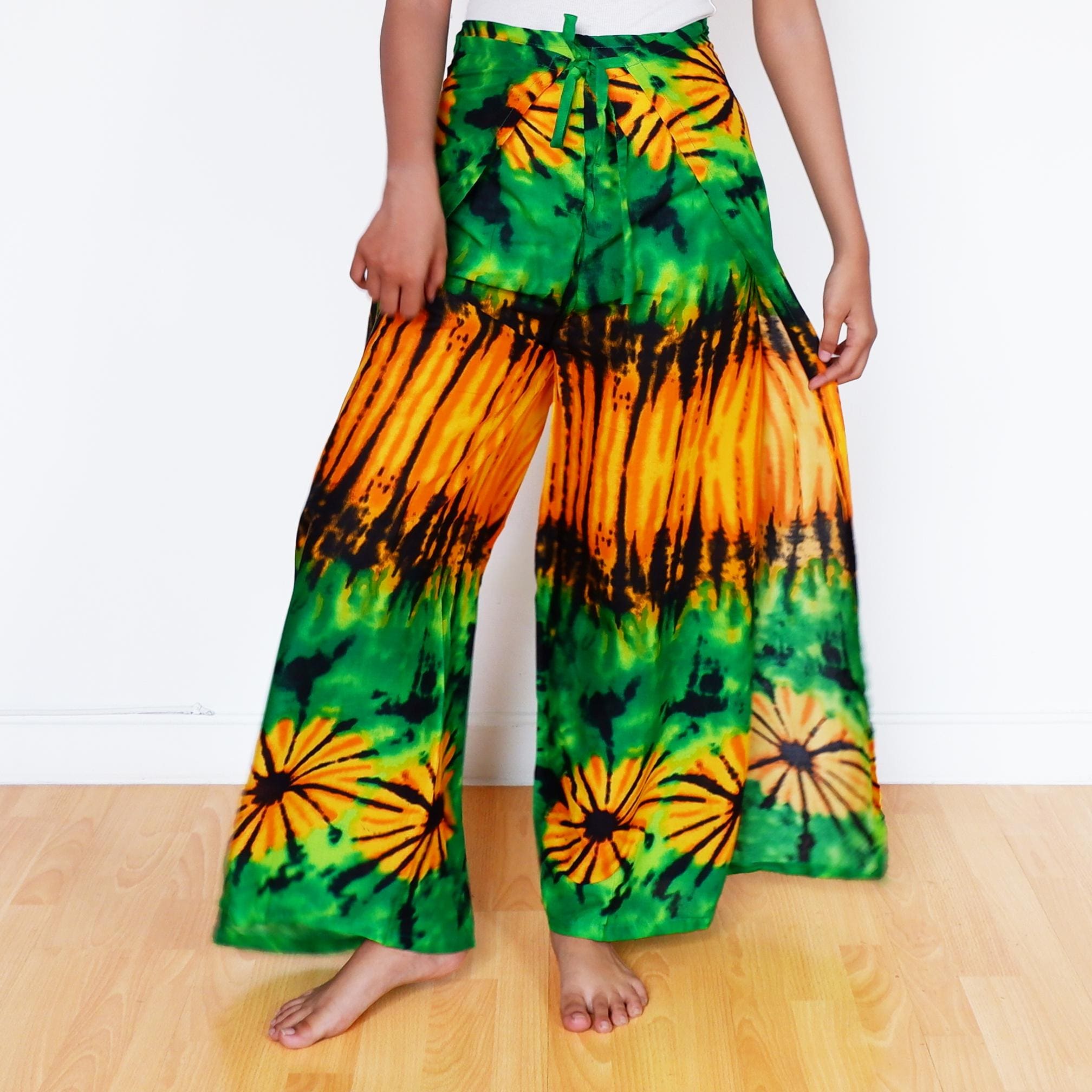 Vivid Tie-dye Palazzo Pants: Flowy Wrap-around Rayon