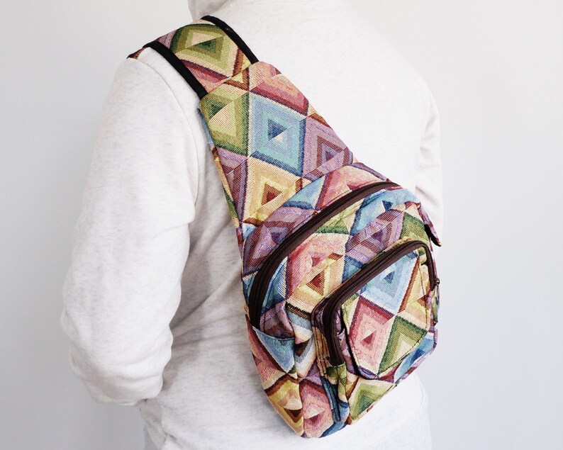Purse Cute Sling backpack Shoulder sling bag Crossbody daypack Geometric Colorful Small backpack Womens tapestry Boho Bohemian backpack