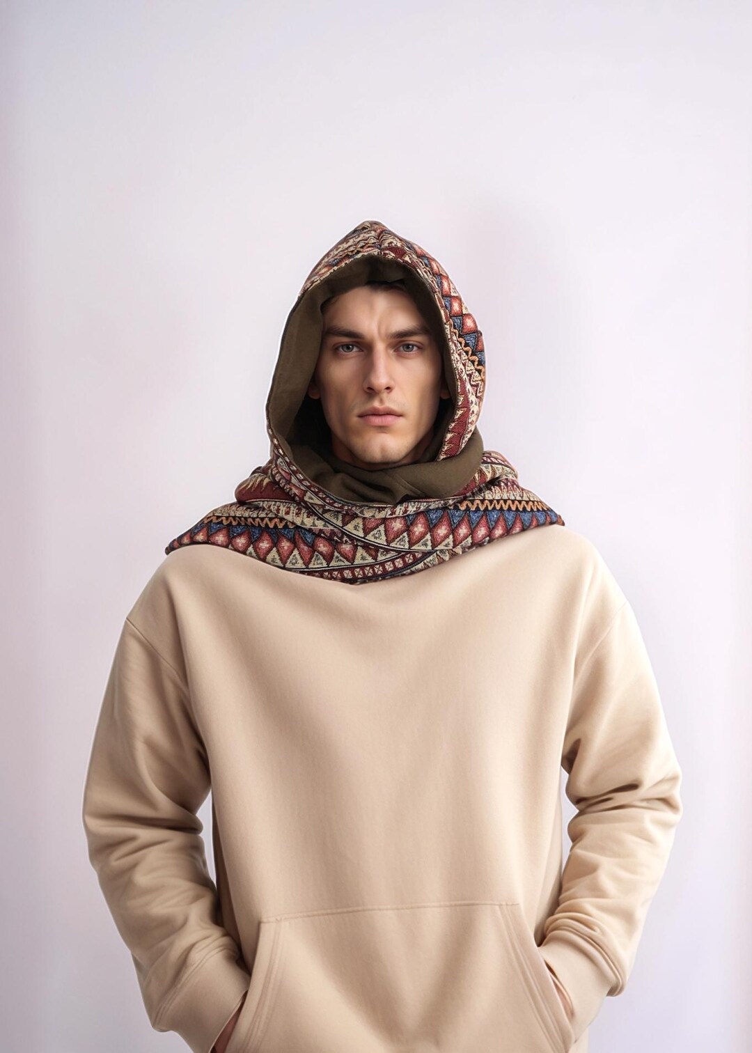 Unisex Boho Hooded Scarf – Brown Tribal Geometric Woven Fabric