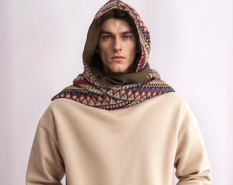 Handmade Houndstooth Hooded Scarf – Black & White Woven Fabric