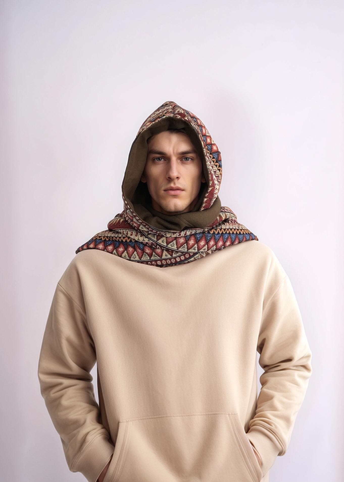 Unisex Boho Hooded Scarf – Brown Tribal Geometric Woven Fabric