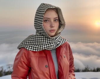 Handmade Houndstooth Hooded Scarf – Black & White Woven Fabric