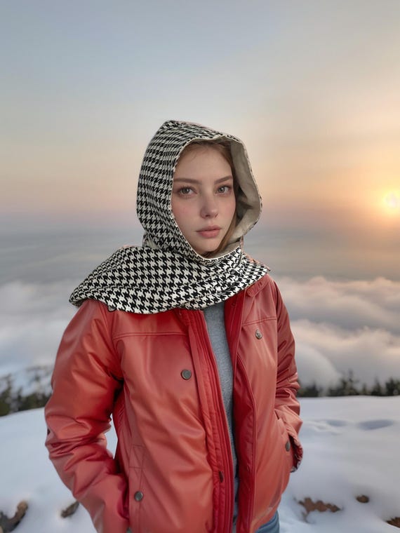 Handmade Houndstooth Hooded Scarf – Black & White Woven Fabric