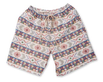Pantalones cortos tribales tejidos aztecas – Estampado geométrico bohemio color crema / Entrepierna de 5” o 8” / Tallas S–XL