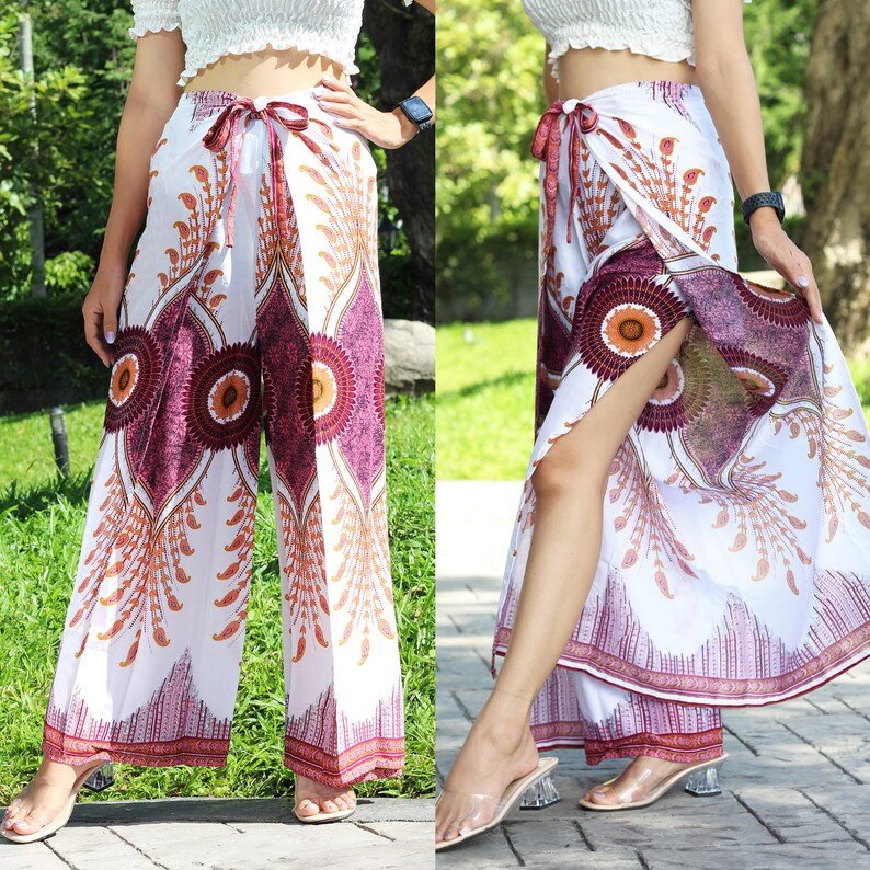 Women's Wrap Pants Boho Floral Paisley Perfect for Beach, Festival, or Casual Wear, Made from Sustainable Materials, Yoga Pants Flowy Red