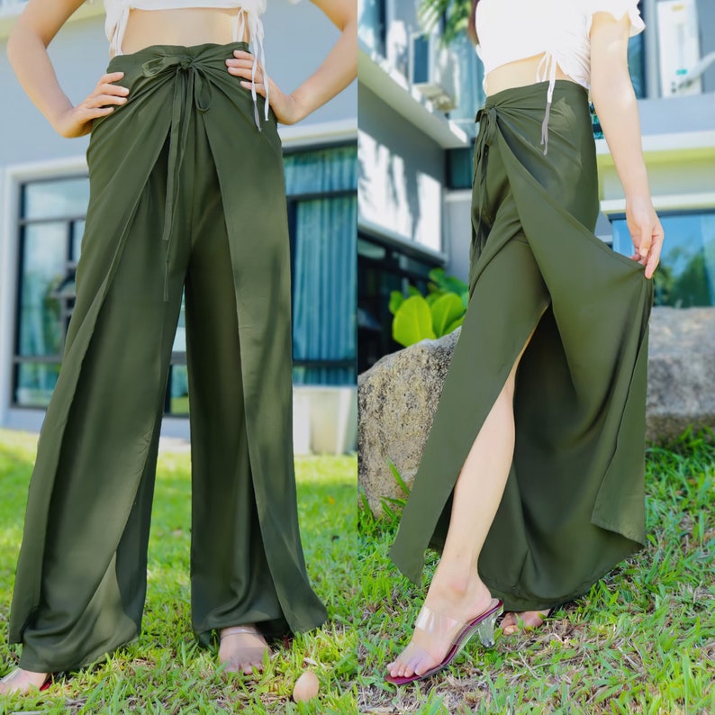 Pantalon portefeuille de couleur unie, pantalon portefeuille léger et fluide, pantalon palazzo en tissu doux, pantalon bohème pour femme à nouer devant et dans le dos Moss Green