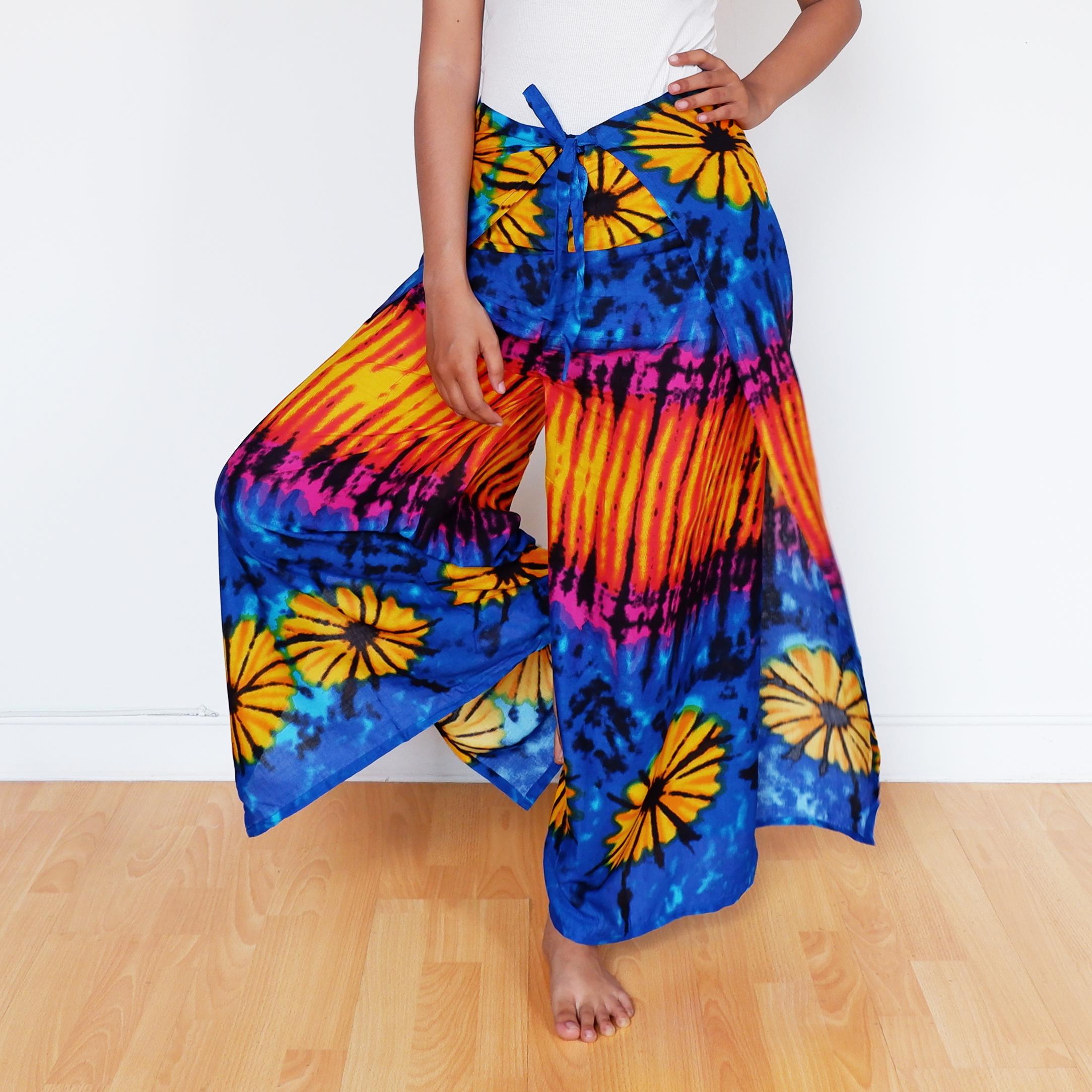 Vivid Tie-dye Palazzo Pants: Flowy Wrap-around Rayon