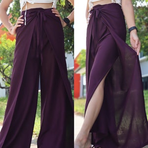 Solid Color Wrap Pants, Lightweight and Flowy Wrap Around Pants, Soft Fabric Palazzo Pants, Women's Boho Pants front and back ties Purple