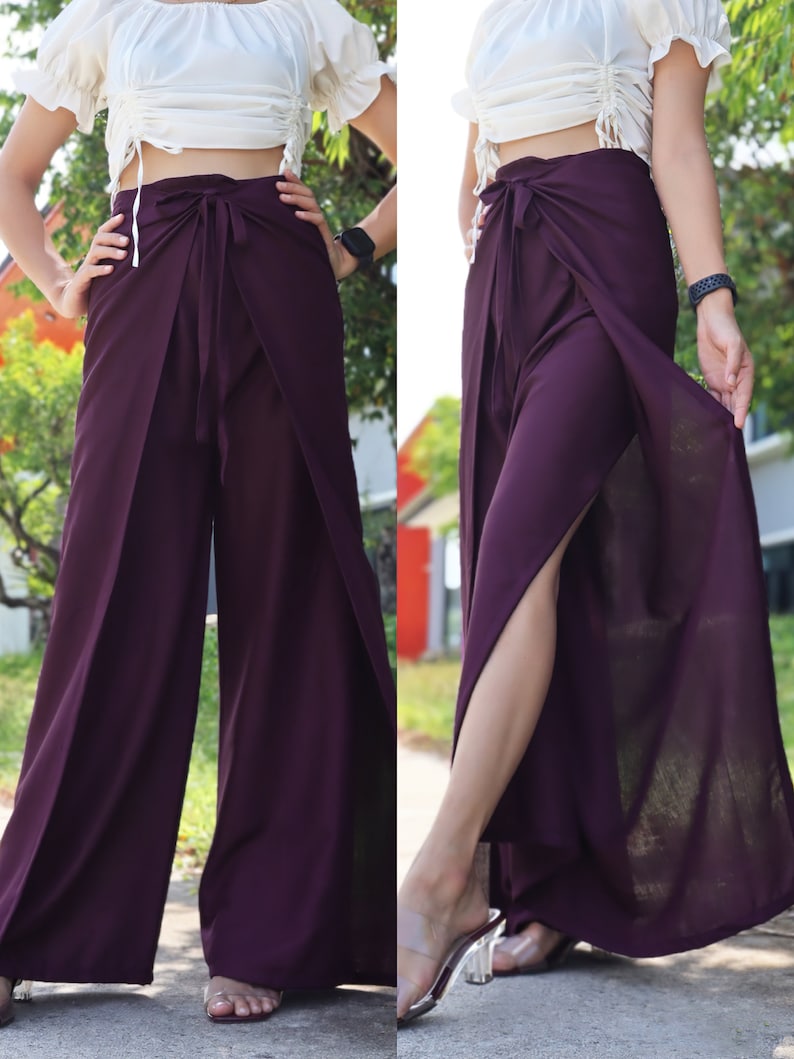 Solid Color Wrap Pants, Lightweight and Flowy Wrap Around Pants, Soft Fabric Palazzo Pants, Women's Boho Pants front and back ties Purple