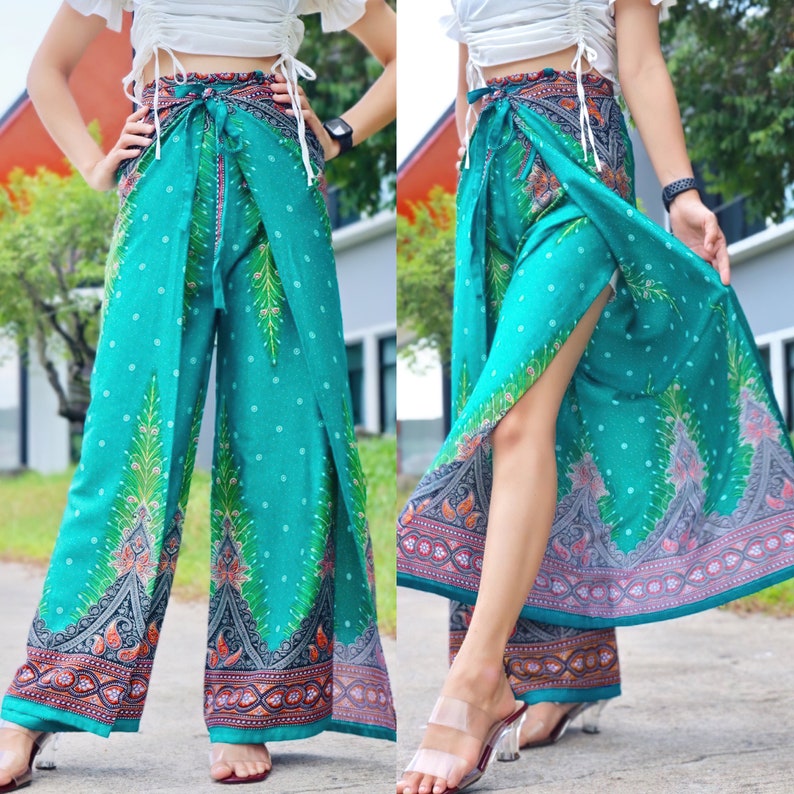 Boho Pants Peacock Feathers Print Navy Blue, Open Flow Beach Pants, Comfy Wrap Pants, Festival Pants, Hippie Pants, Open Legs Trousers Teal