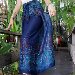 Boho Wrap Pants for Women – Lightweight Floral Wide-Leg Trousers with Adjustable Ties, Flowing Bohemian Palazzo Pants, One Size Fits XS-L