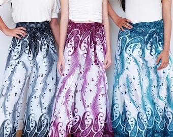 Boho Rayon Wrap Pants: Paisley Peacock Feather Print Palazzo
