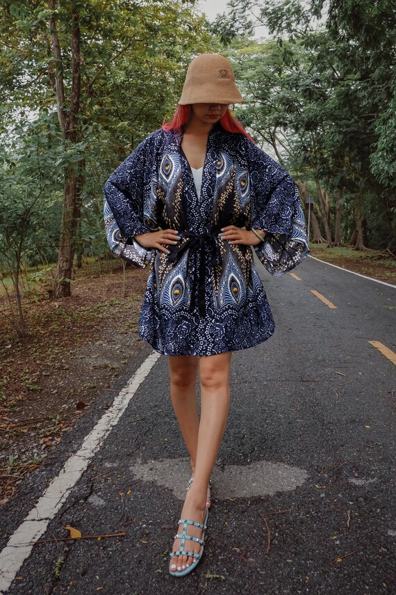 Plus Size Kimono Navy Blue Boho Peacock Feather Print Kimono With Matching Belt Beach Cover up Short Kimono Cardigan Free spirited Vibe Etsy UK