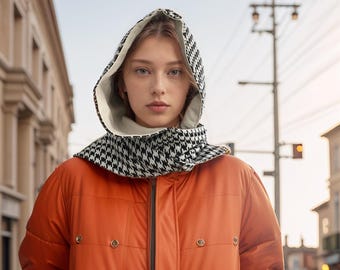 Handmade Houndstooth Hooded Scarf – Black & White Woven Fabric