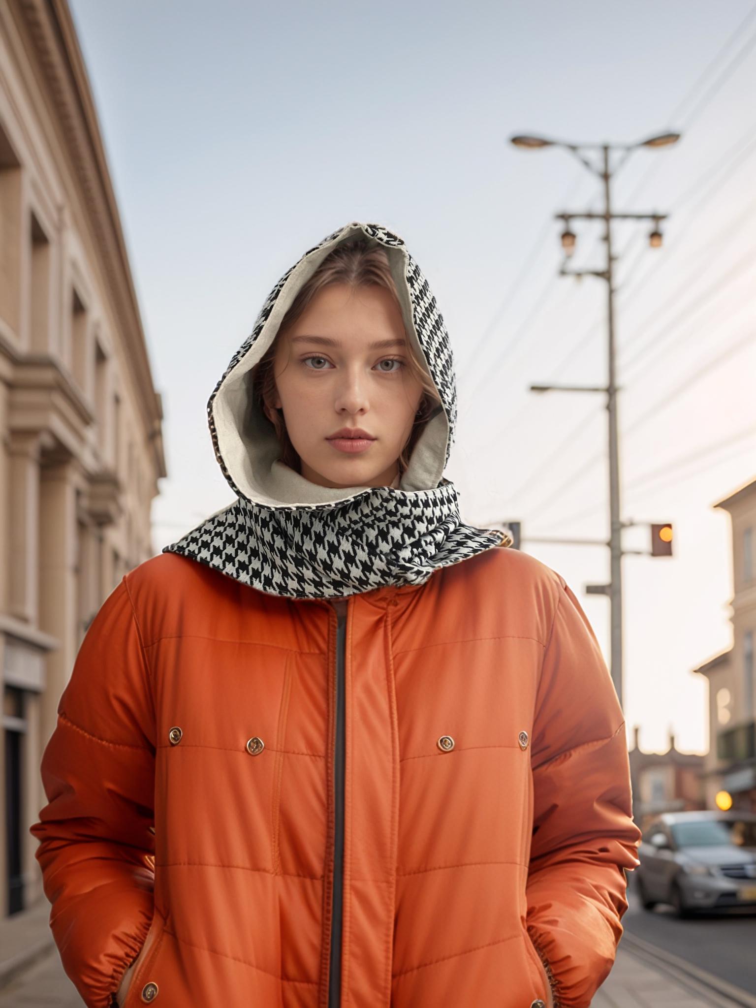 Handmade Houndstooth Hooded Scarf – Black & White Woven Fabric