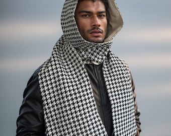 Handmade Houndstooth Hooded Scarf – Black & White Woven Fabric