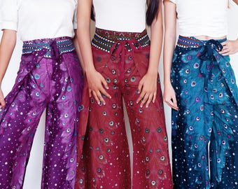 Peacock Feather Print Boho Pants: Flowy Rayon Wrap-Around Trousers