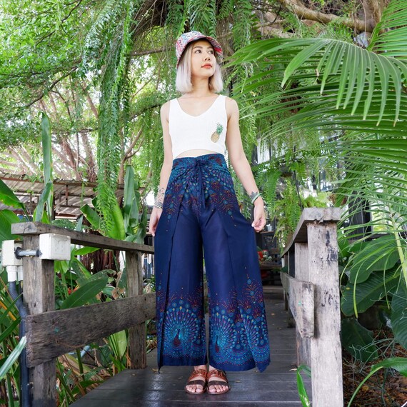 Boho Palazzo Pants Peacock Print Navy Blue, Open Legs Trousers, Flowy Beach  Pants, Comfy Wrap Pants, Festival Pants, Hippie Dance Pants 