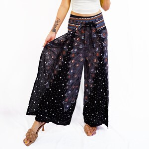 Flowy Boho Pants - Peacock Feather Print, Hippie Style Wide Leg Pants - Women, Beautifully Designed Wrap Around Pants, front - back ties