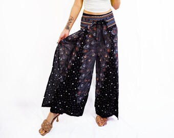 Flowy Boho Pants - Peacock Feather Print, Hippie Style Wide Leg Pants - Women, Beautifully Designed Wrap Around Pants, front - back ties