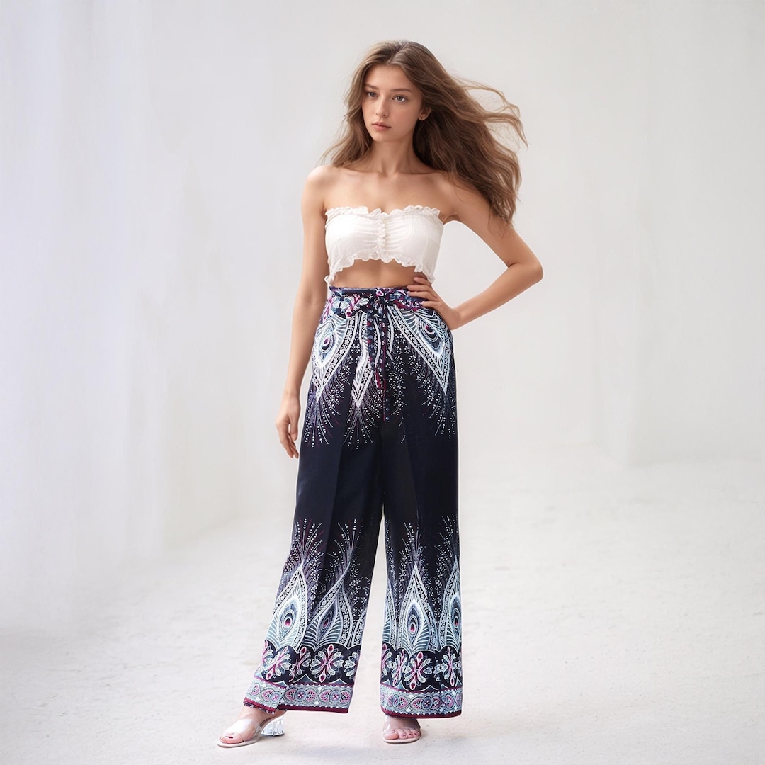 Boho Peacock Feather Print Wrap Pants: Rayon Flowy Trousers - Etsy