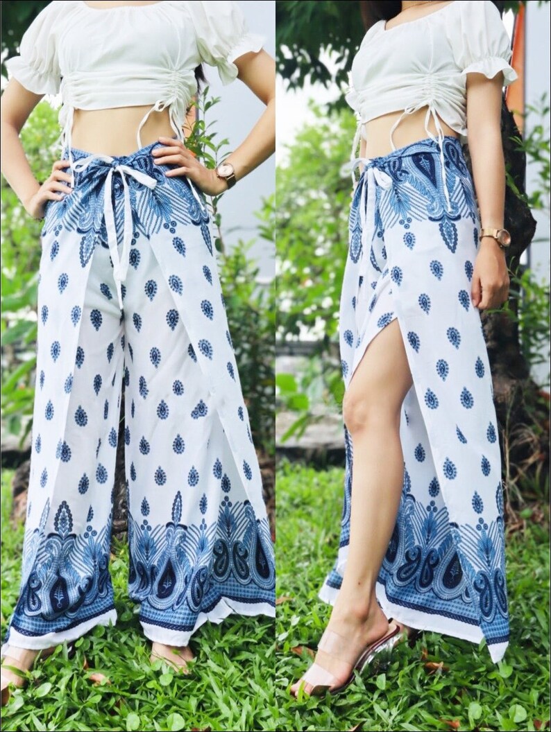 Women's Wrap Pants, Hippie Pants Floral Print, Petite to Plus Sizes Flowy Pants, Open Leg Trousers, Yoga Pants, Boho Beach Pants White Blue