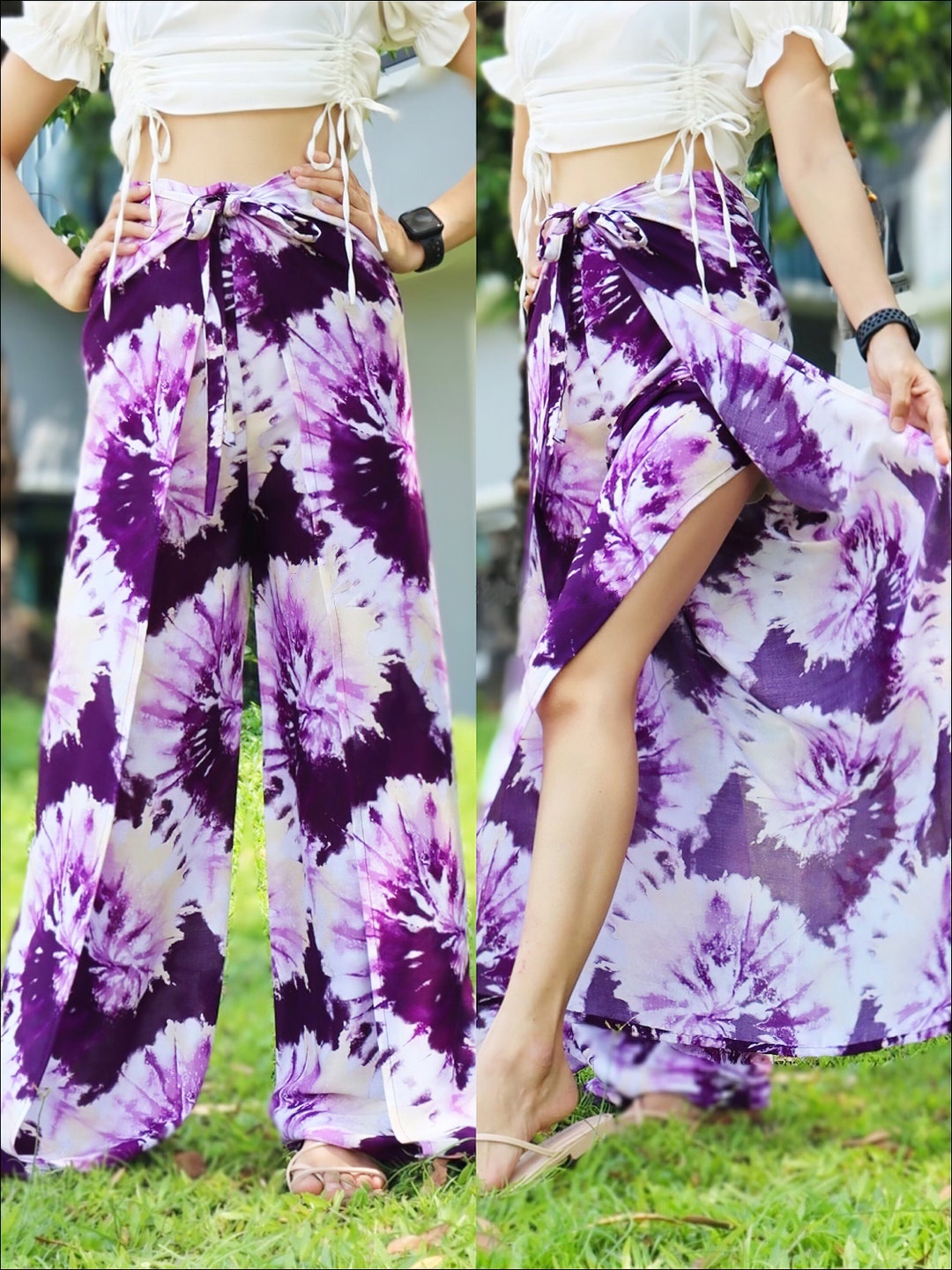 Tiedye Wraparound Hippie Pants, Breathable Soft Wrap Around Pants for