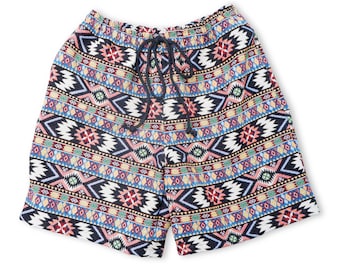 Men’s Tribal Woven Shorts with Pockets – Boho Geometric Print, S–XL, 5” or 8” Inseam