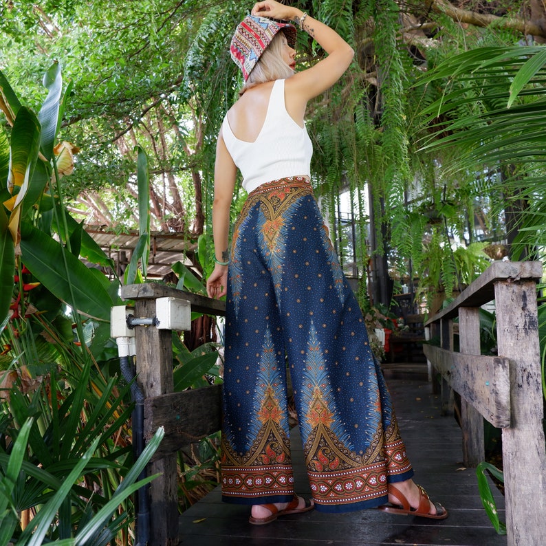 Boho Pants Peacock Feathers Print Navy Blue, Open Flow Beach Pants, Comfy Wrap Pants, Festival Pants, Hippie Pants, Open Legs Trousers image 2