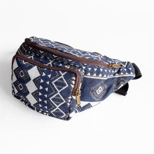 Navy and White Diamond Pattern Bum Bag, Woven Travel Waist Pack, Unisex Sling